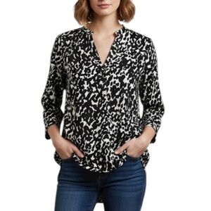 Dana Buchman Classic Cotton Long Roll Tab Sleeve Tunic Top Medium Black White